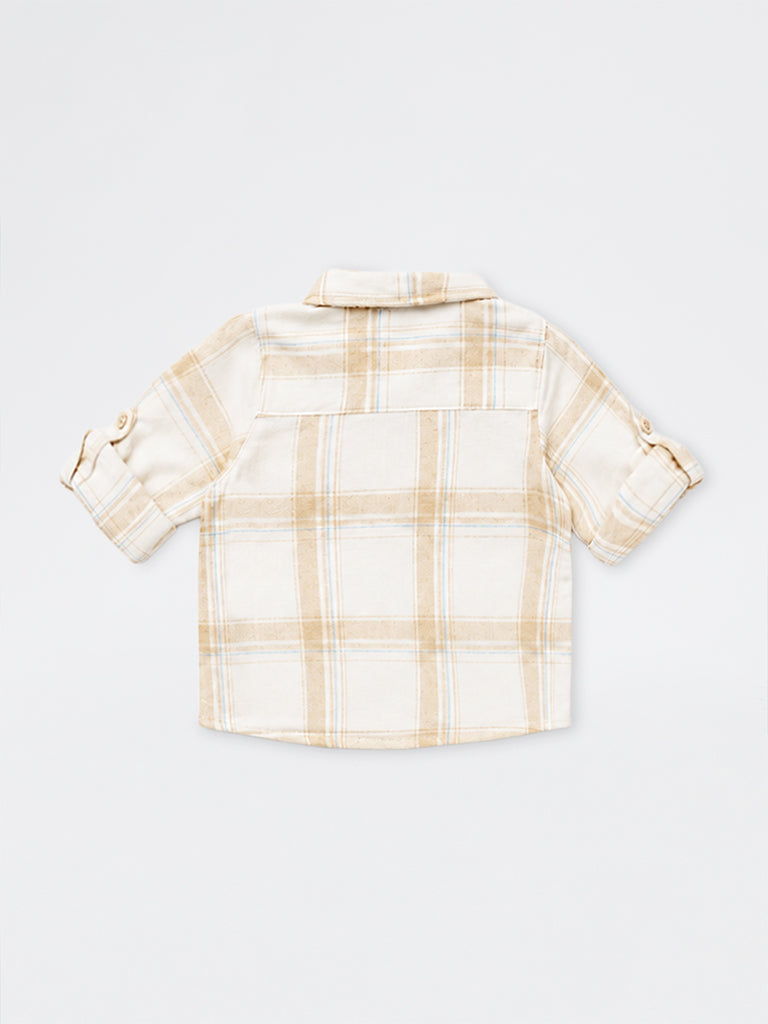 HOP Baby Boys Light Beige Checkered Cotton Shirt