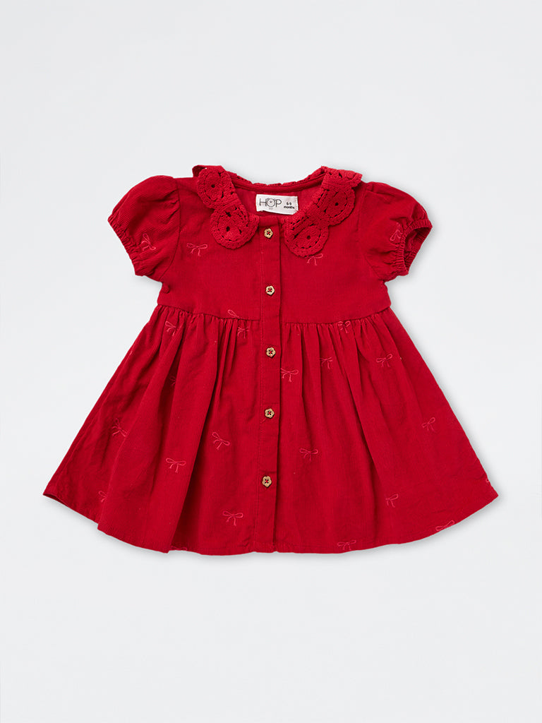 HOP Baby Girls Red Bow Embroidered Corduroy A-Line Dress