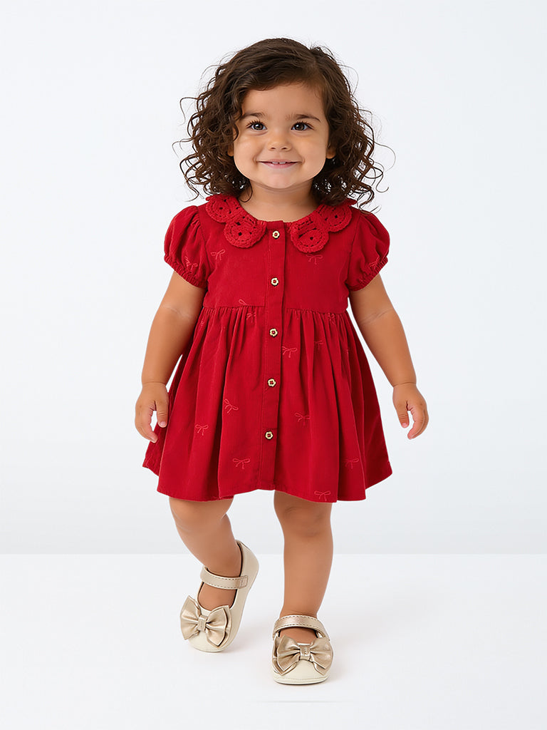 HOP Baby Girls Red Bow Embroidered Corduroy A-Line Dress