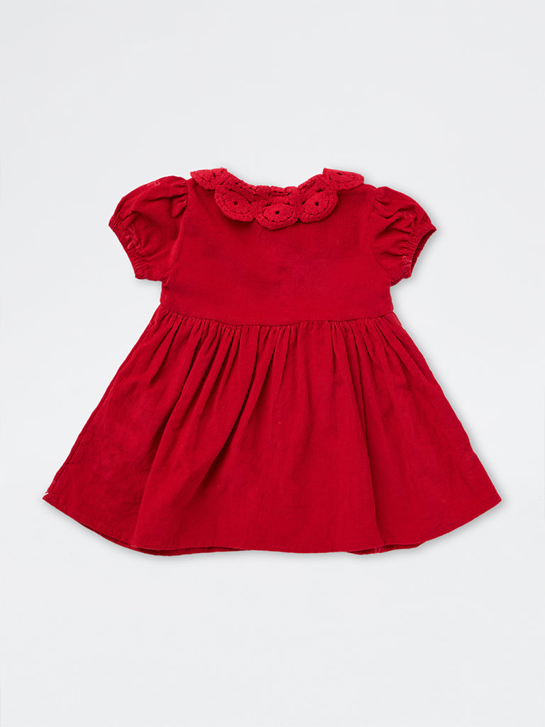 HOP Baby Girls Red Bow Embroidered Corduroy A-Line Dress