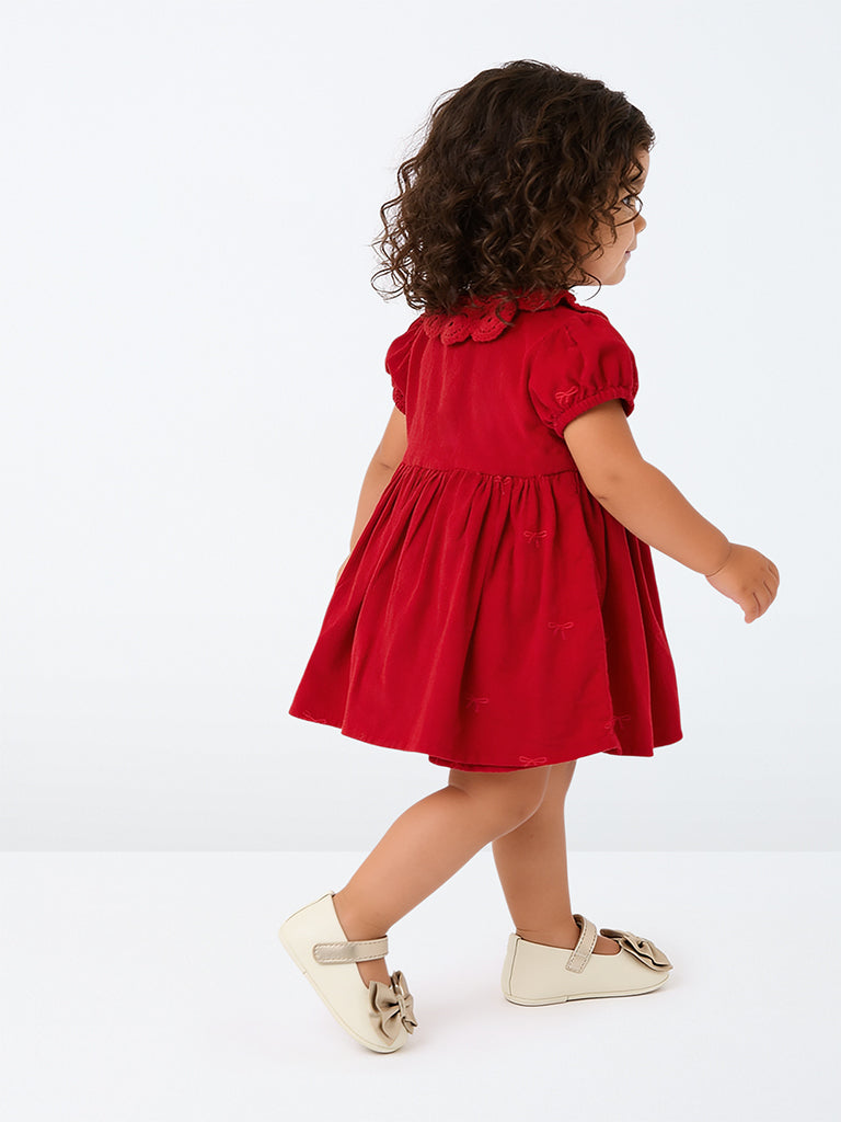 HOP Baby Girls Red Bow Embroidered Corduroy A-Line Dress