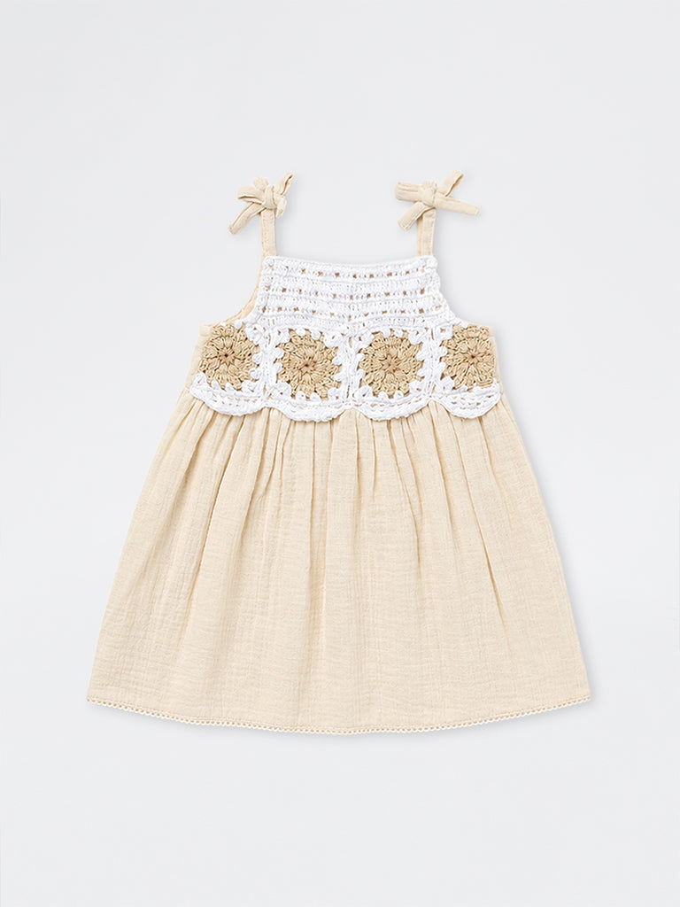 HOP Baby Girls Beige Crochet-Detail Cotton A-Line Dress