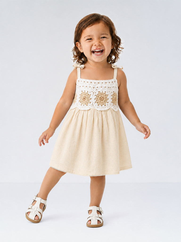 HOP Baby Girls Beige Crochet-Detail Cotton A-Line Dress