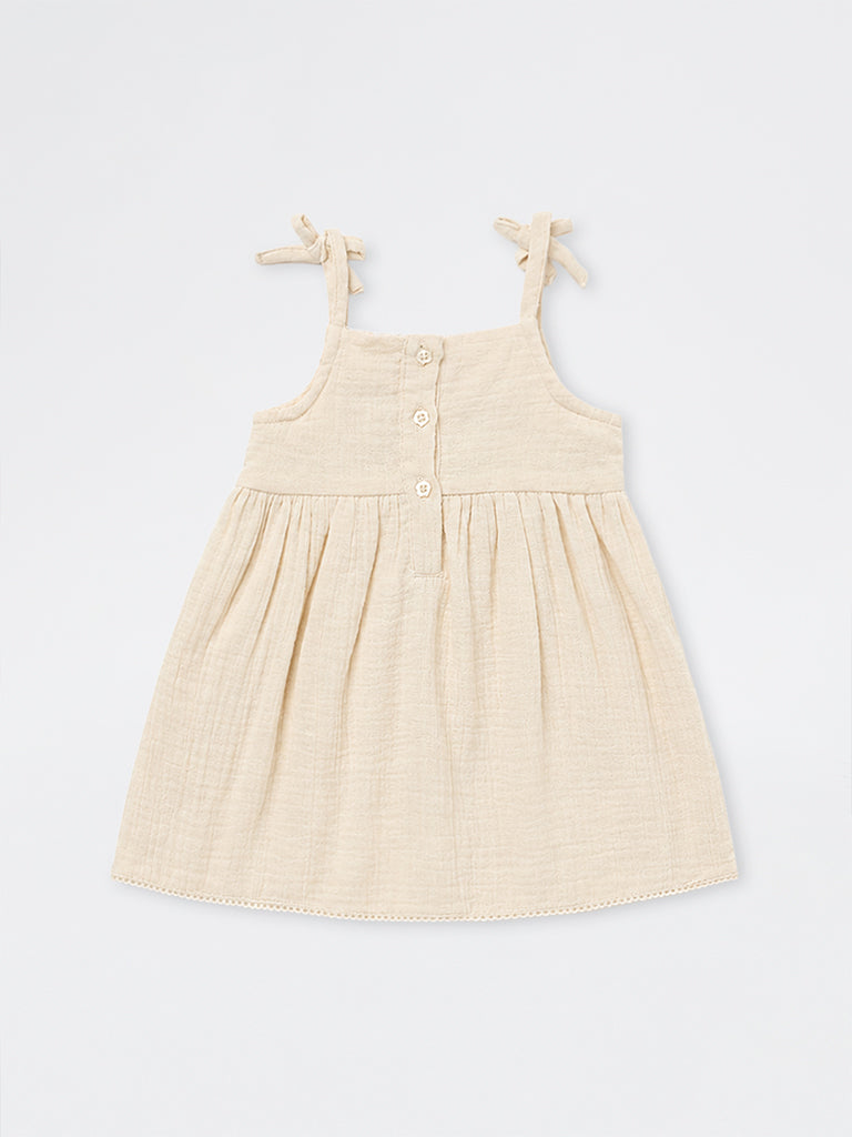 HOP Baby Girls Beige Crochet-Detail Cotton A-Line Dress