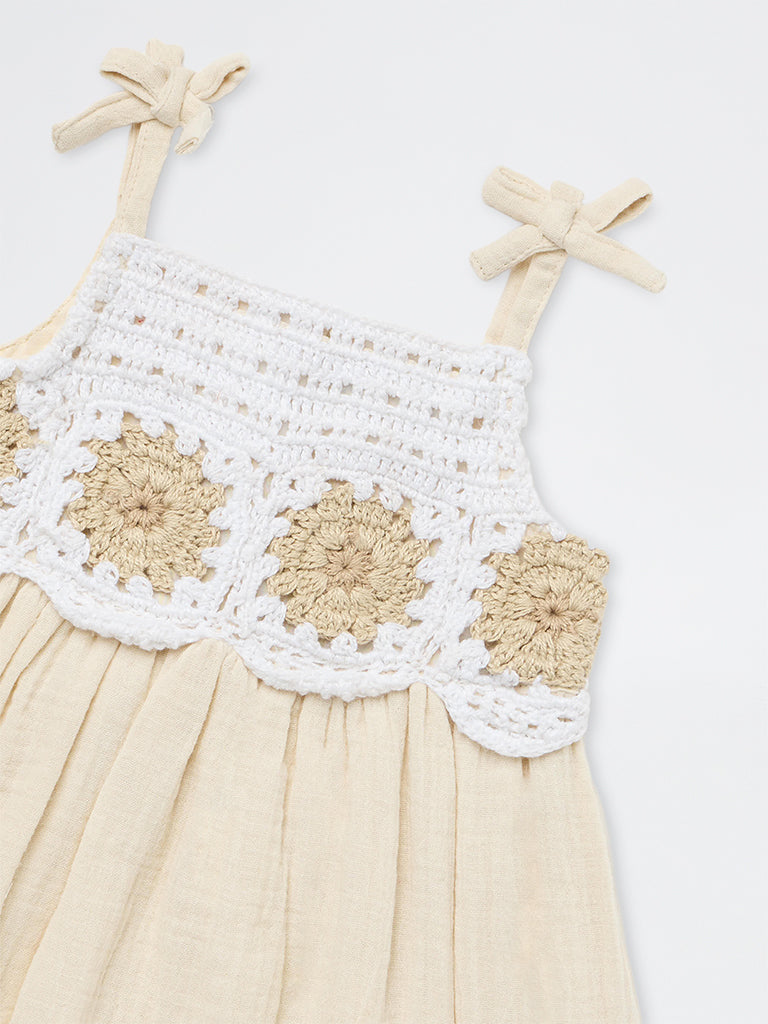 HOP Baby Girls Beige Crochet-Detail Cotton A-Line Dress