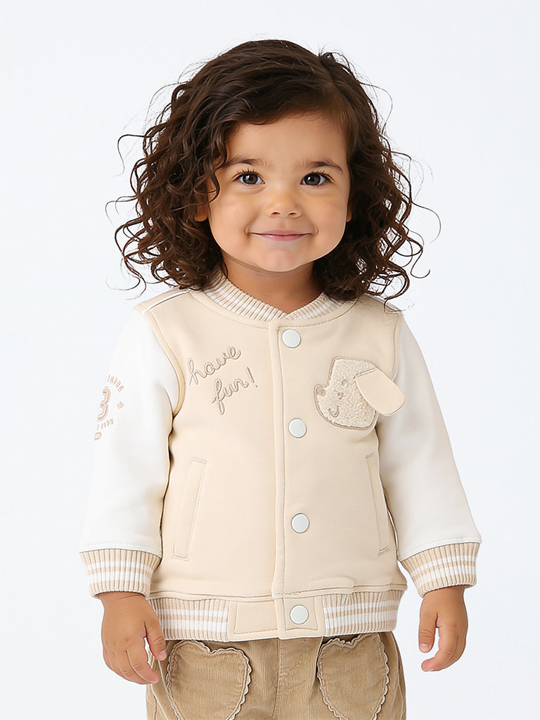 HOP Baby Girls Cream Dog Embroidered Cotton-Blend Varsity Jacket