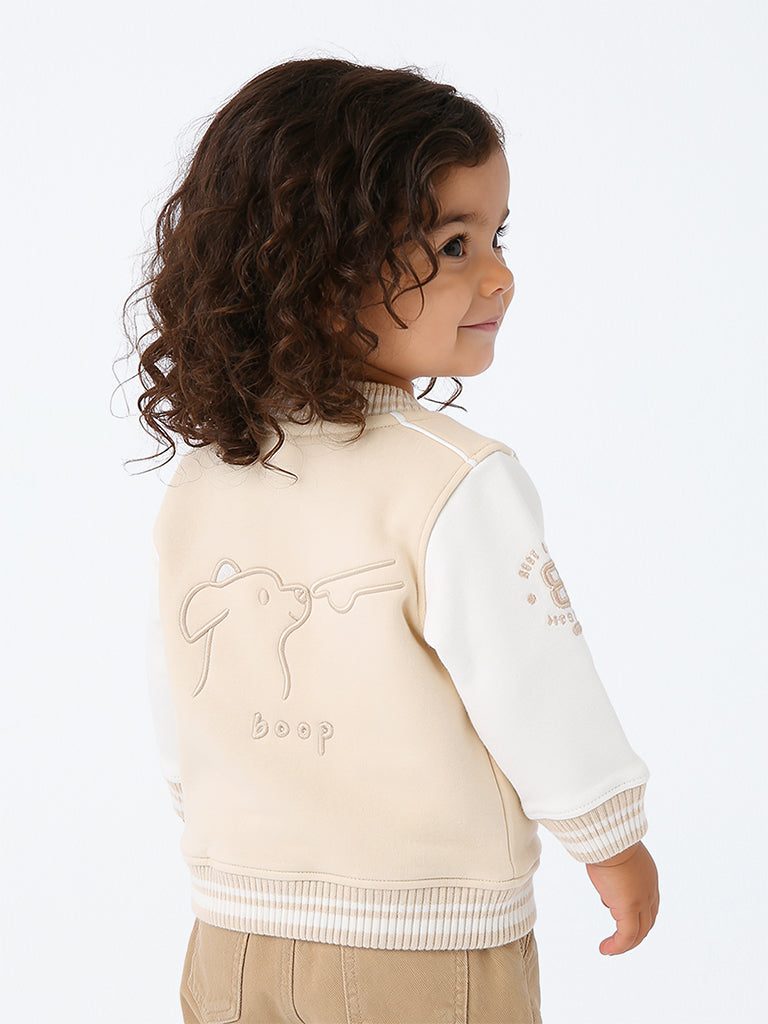 HOP Baby Girls Cream Dog Embroidered Cotton-Blend Varsity Jacket