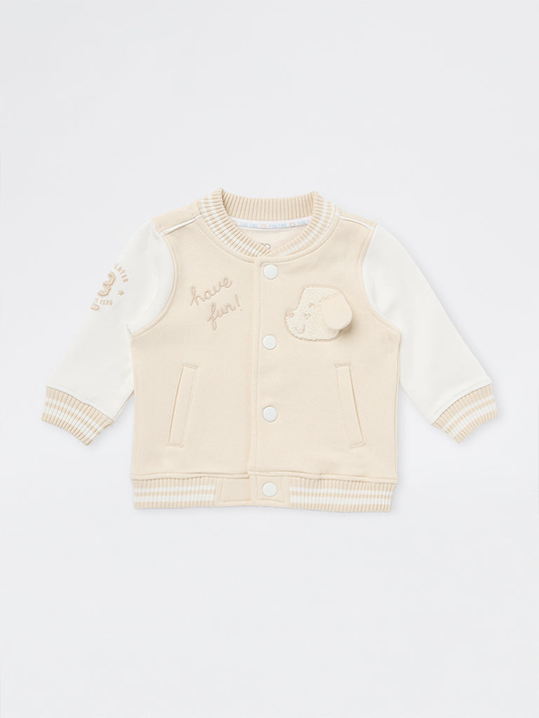 HOP Baby Girls Cream Dog Embroidered Cotton-Blend Varsity Jacket