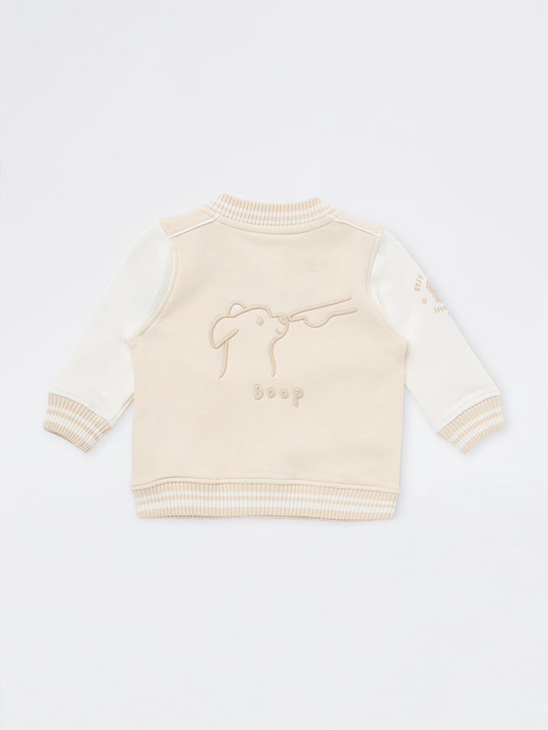 HOP Baby Girls Cream Dog Embroidered Cotton-Blend Varsity Jacket