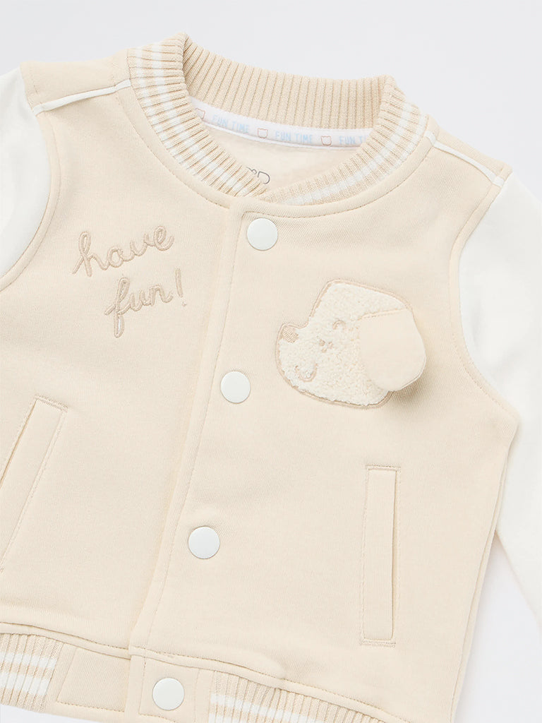 HOP Baby Girls Cream Dog Embroidered Cotton-Blend Varsity Jacket