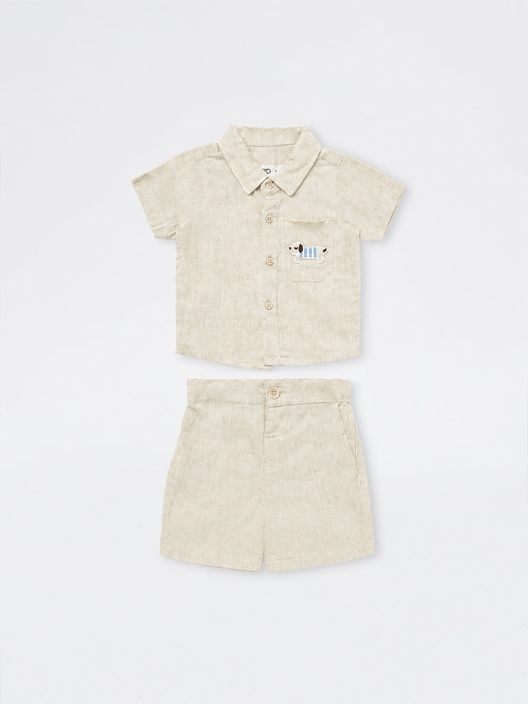 HOP Baby Boys Light Beige Patch-Detail Shirt and Shorts Set