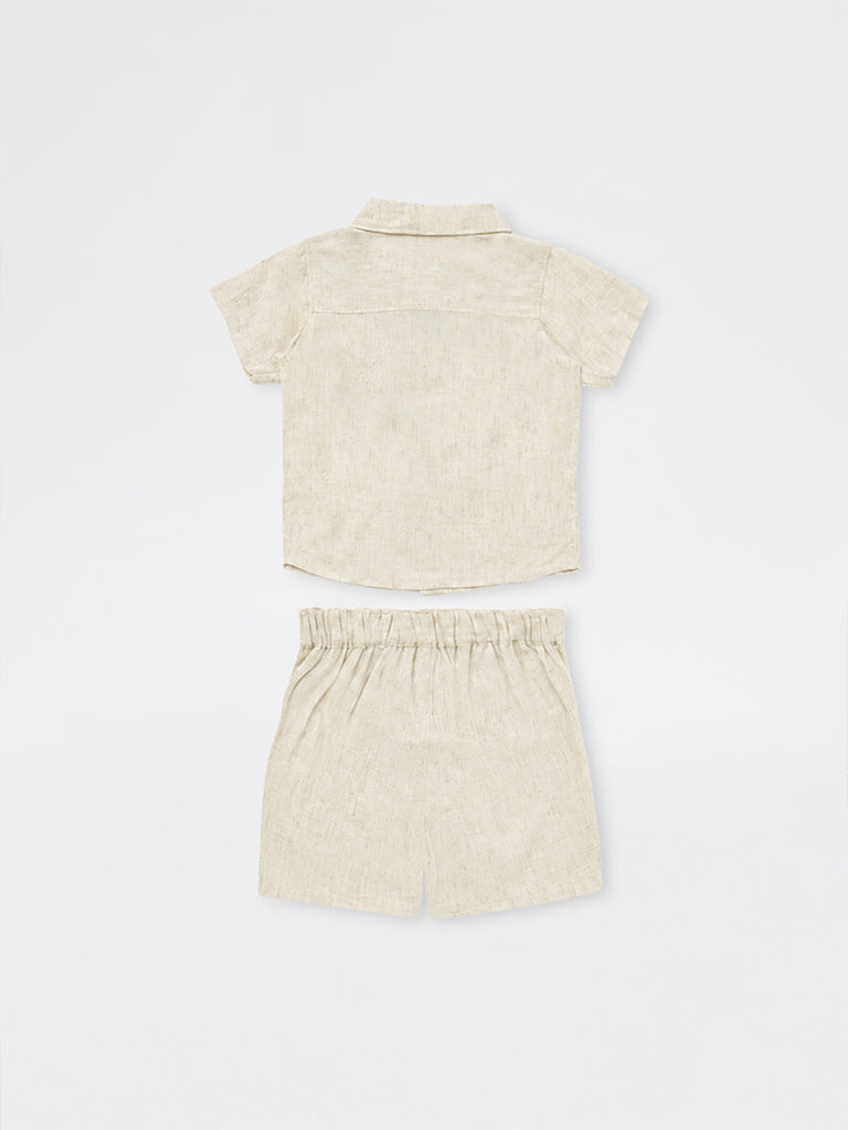 HOP Baby Boys Light Beige Patch-Detail Shirt and Shorts Set