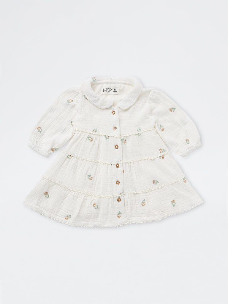 HOP Baby Girls White Floral Embroidered Cotton Tiered Dress