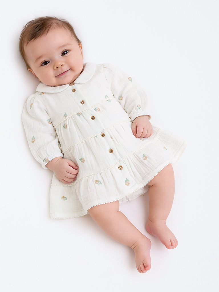 HOP Baby Girls White Floral Embroidered Cotton Tiered Dress