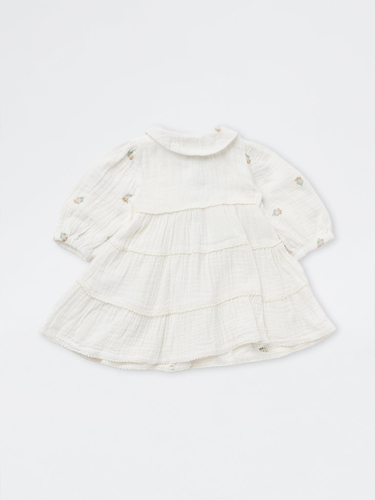 HOP Baby Girls White Floral Embroidered Cotton Tiered Dress