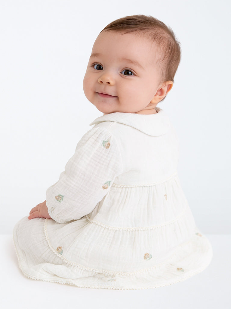 HOP Baby Girls White Floral Embroidered Cotton Tiered Dress