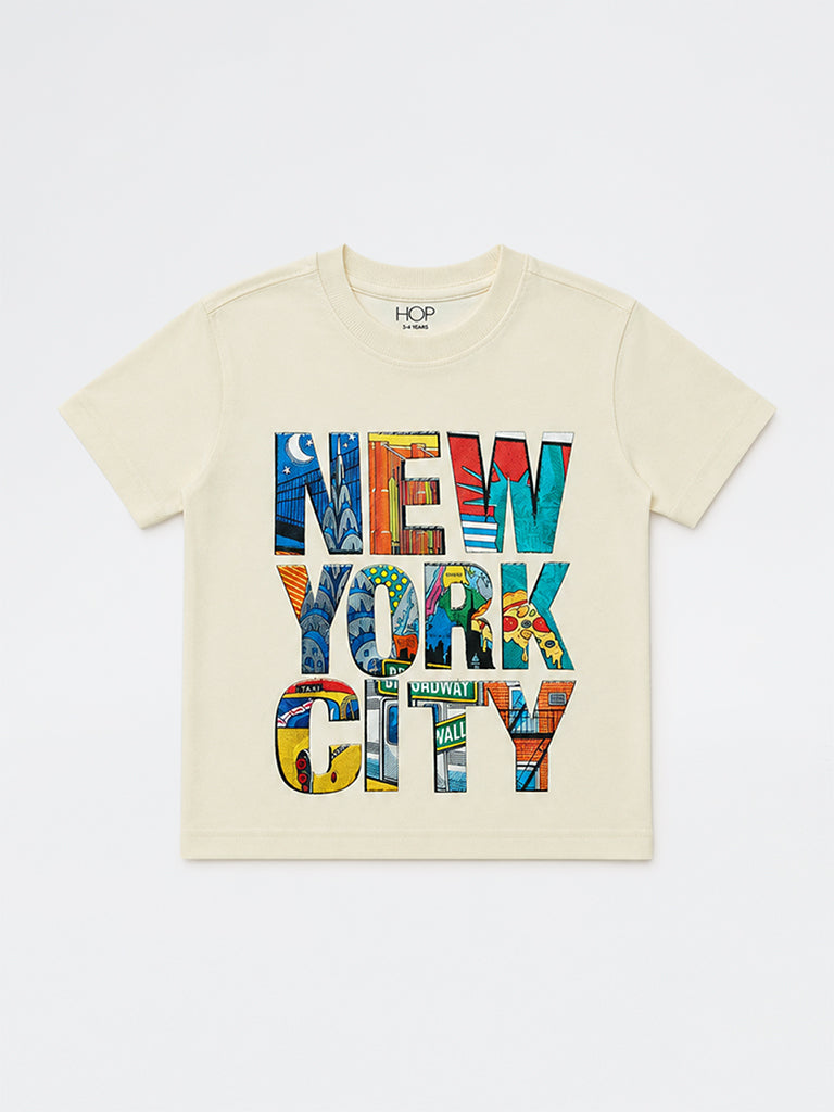 HOP Kids Boys Off-White Text Printed Cotton T-Shirt