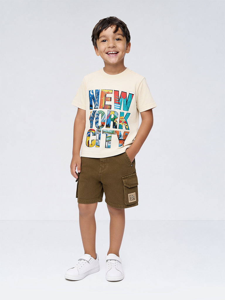 HOP Kids Boys Off-White Text Printed Cotton T-Shirt