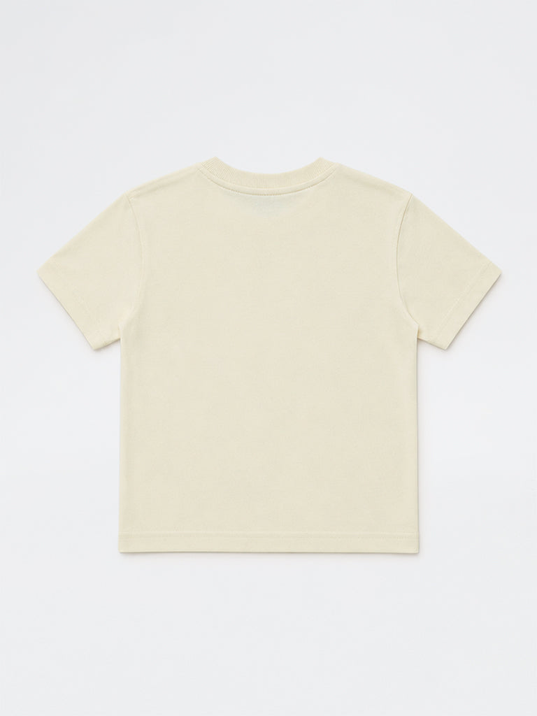 HOP Kids Boys Off-White Text Printed Cotton T-Shirt