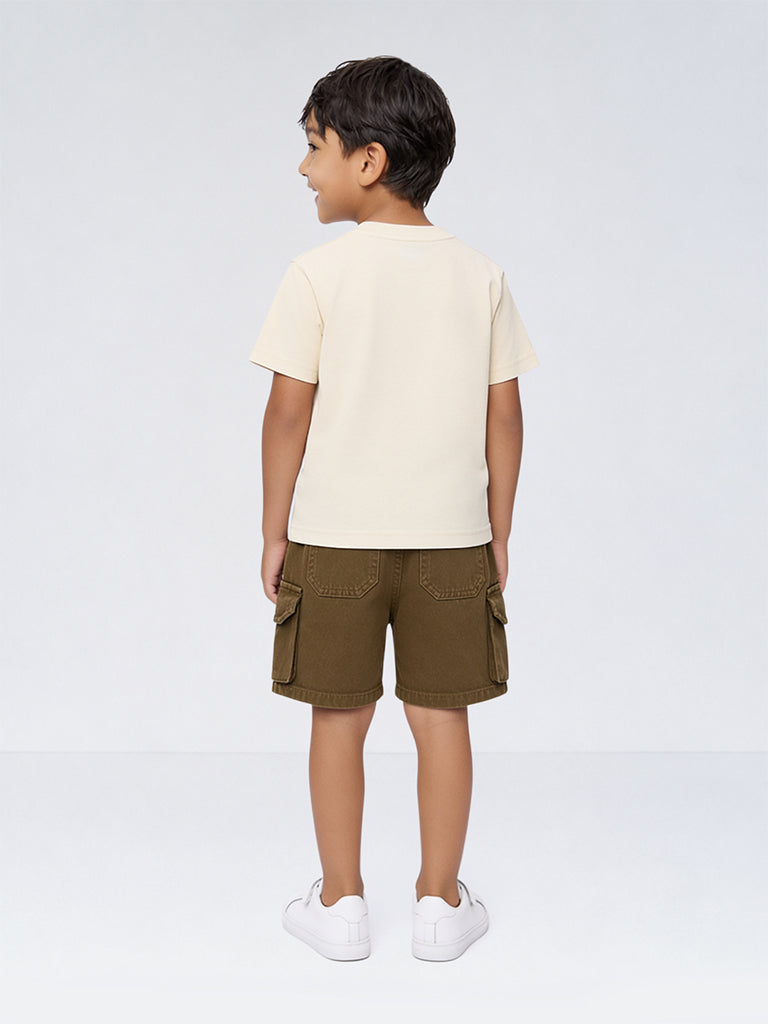 HOP Kids Boys Off-White Text Printed Cotton T-Shirt