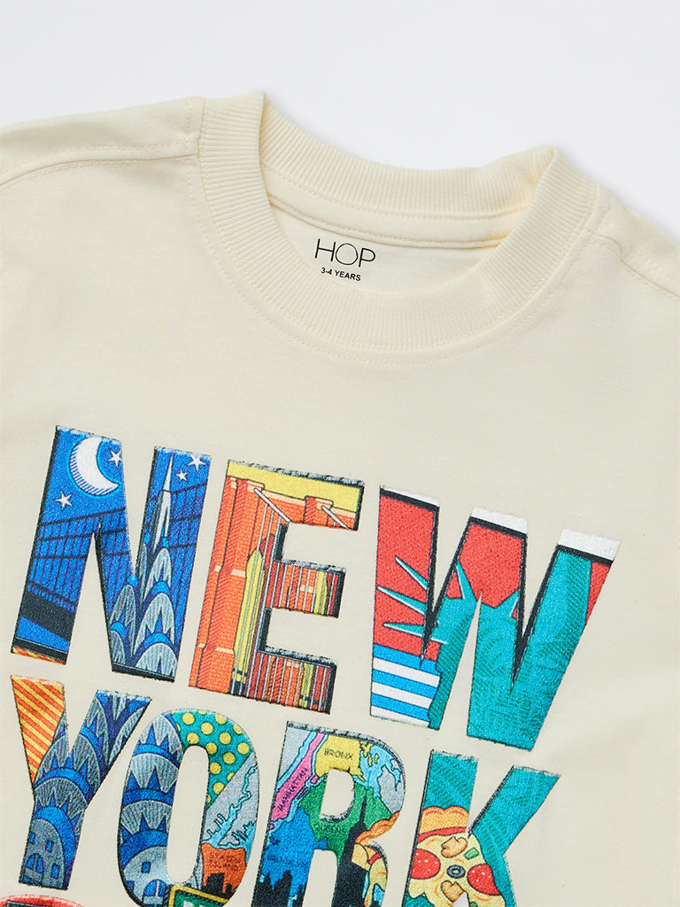 HOP Kids Boys Off-White Text Printed Cotton T-Shirt