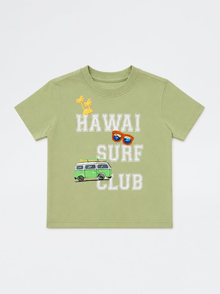 HOP Kids Boys Light Green Text Printed Cotton T-Shirt