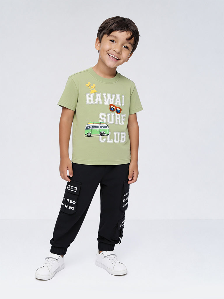 HOP Kids Boys Light Green Text Printed Cotton T-Shirt