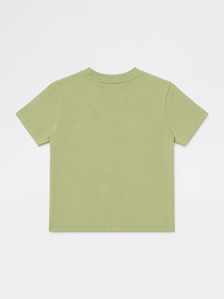 HOP Kids Boys Light Green Text Printed Cotton T-Shirt