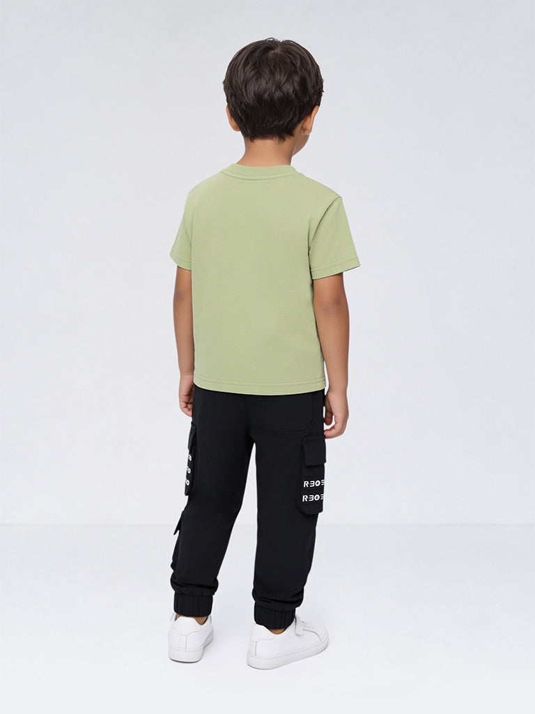 HOP Kids Boys Light Green Text Printed Cotton T-Shirt