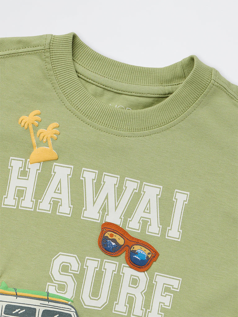 HOP Kids Boys Light Green Text Printed Cotton T-Shirt