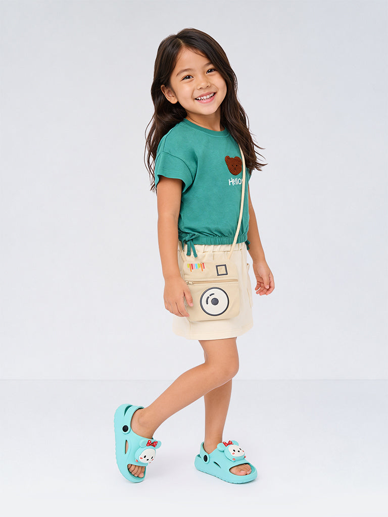 HOP Kids Girls Teal Teddy Design Cotton Top, Skirt and Sling Bag Set