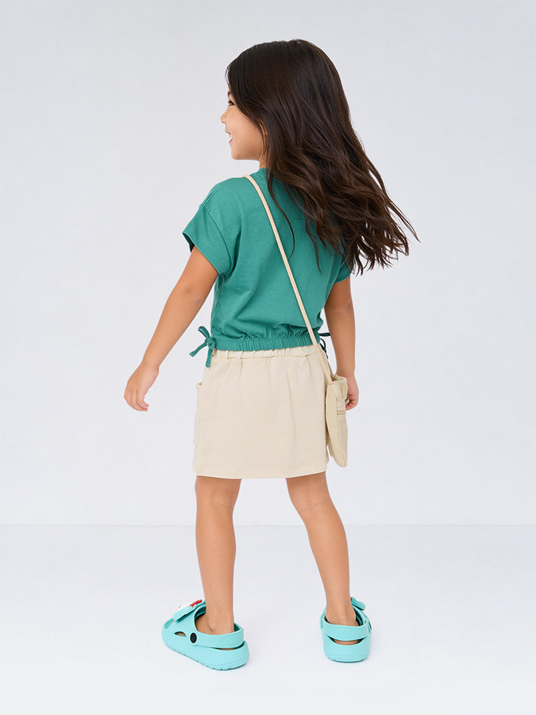 HOP Kids Girls Teal Teddy Design Cotton Top, Skirt and Sling Bag Set
