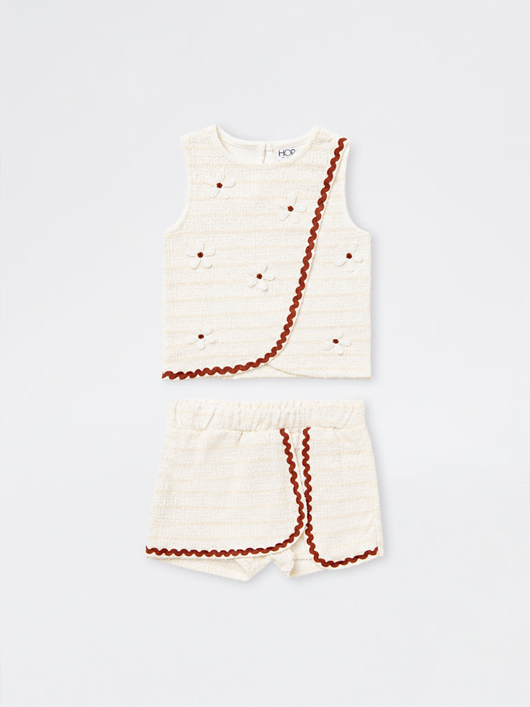 HOP Kids Girls Off-White Floral Embroidered Top and Shorts Set