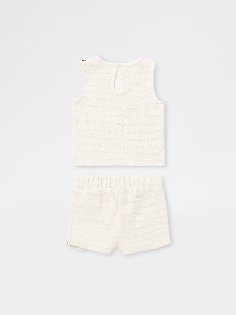 HOP Kids Girls Off-White Floral Embroidered Top and Shorts Set