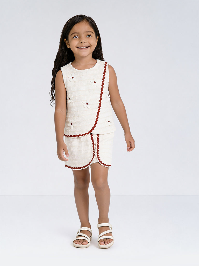 HOP Kids Girls Off-White Floral Embroidered Top and Shorts Set