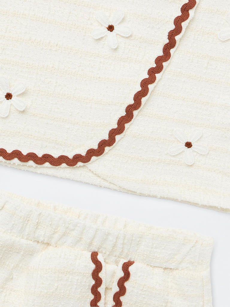 HOP Kids Girls Off-White Floral Embroidered Top and Shorts Set