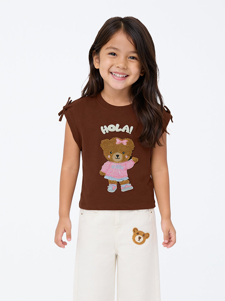 HOP Kids Girls Brown Teddy-Design Cotton Top