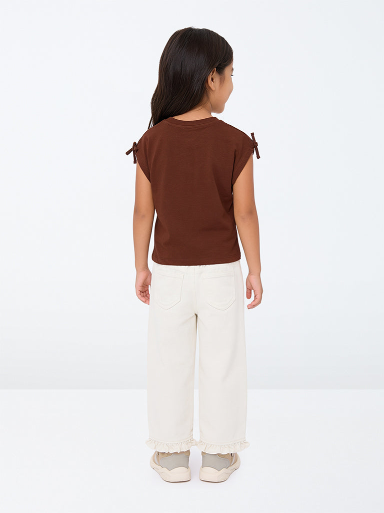 HOP Kids Girls Brown Teddy-Design Cotton Top
