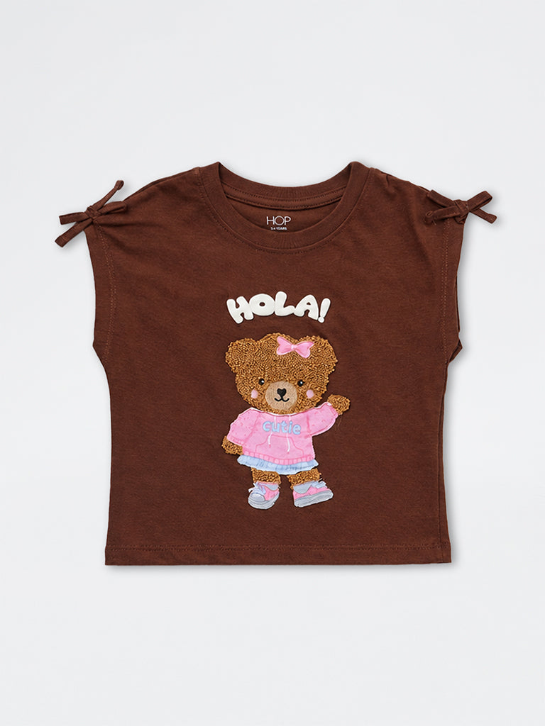 HOP Kids Girls Brown Teddy-Design Cotton Top