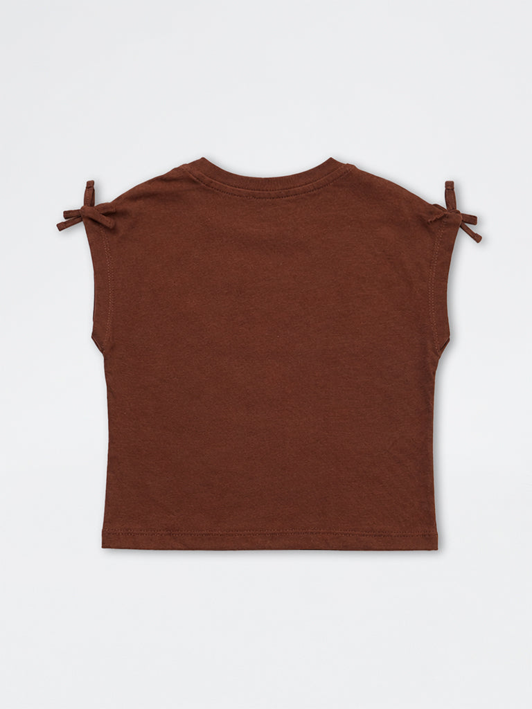 HOP Kids Girls Brown Teddy-Design Cotton Top