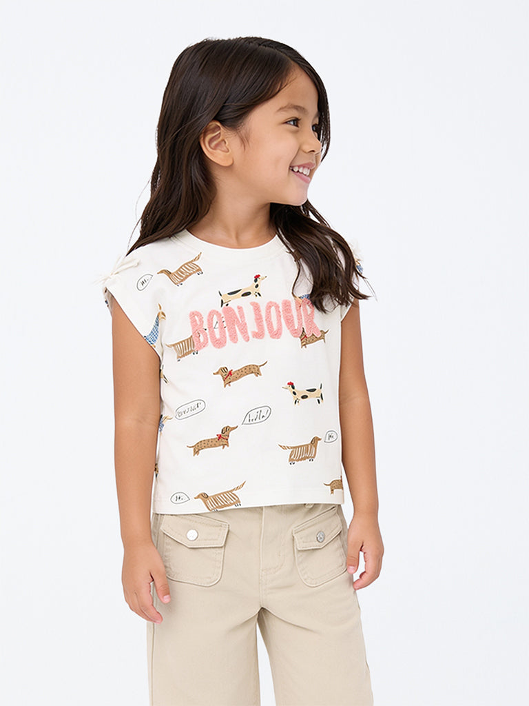 HOP Kids Girls Off-White Animal Printed Cotton Top