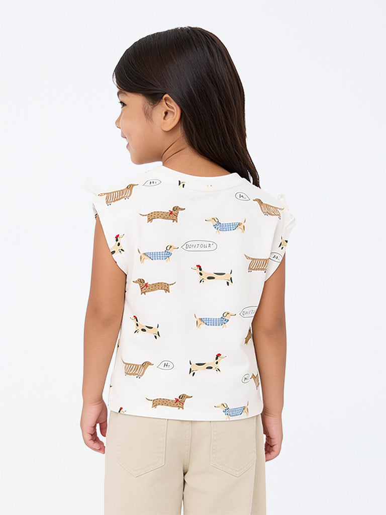 HOP Kids Girls Off-White Animal Printed Cotton Top
