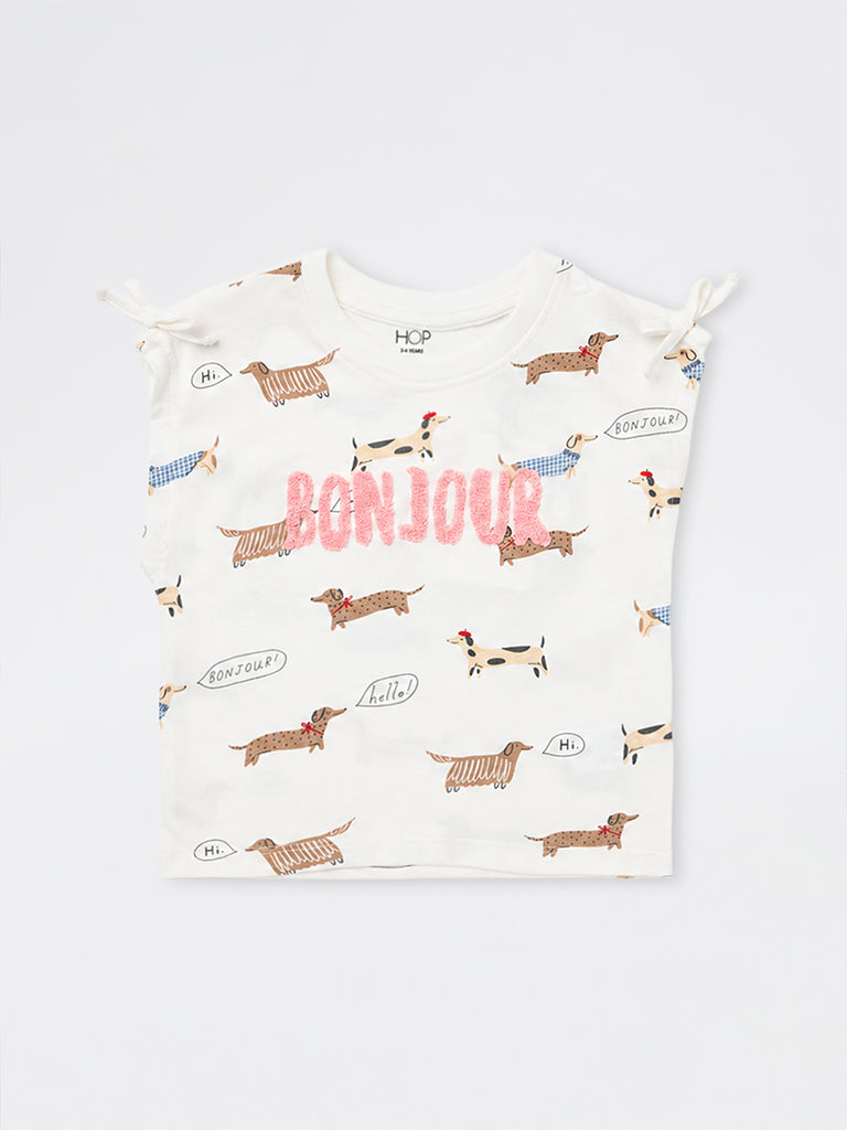 HOP Kids Girls Off-White Animal Printed Cotton Top