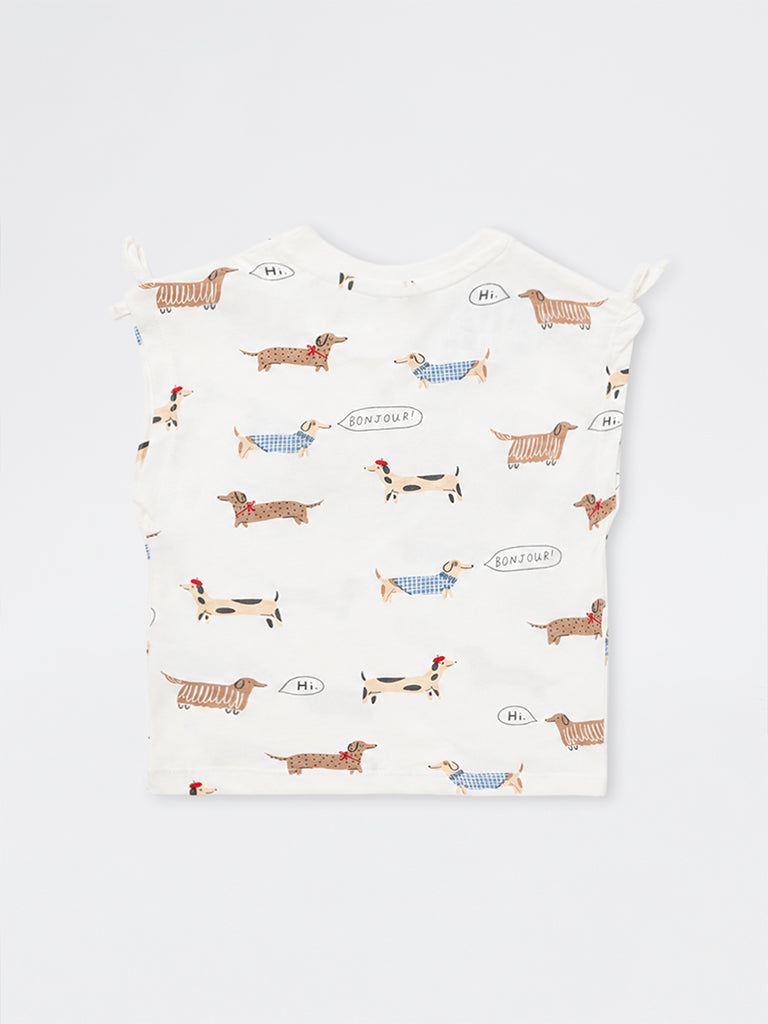 HOP Kids Girls Off-White Animal Printed Cotton Top