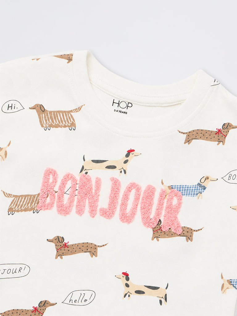 HOP Kids Girls Off-White Animal Printed Cotton Top