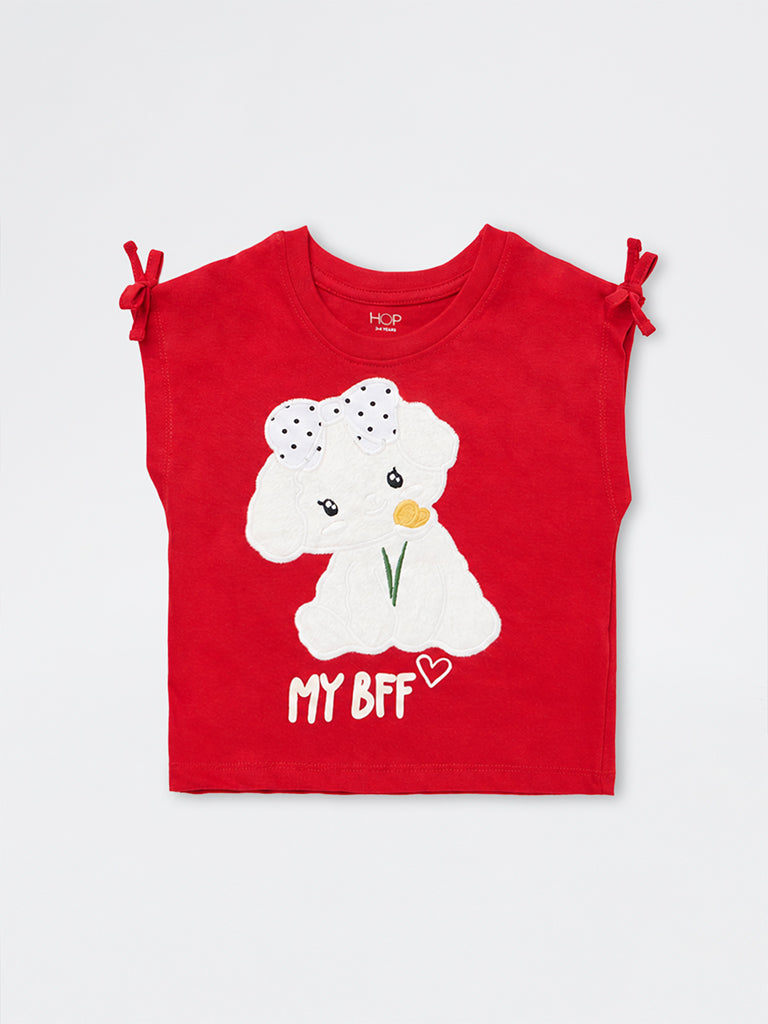 HOP Kids Girls Red Dog Embroidered Cotton Top