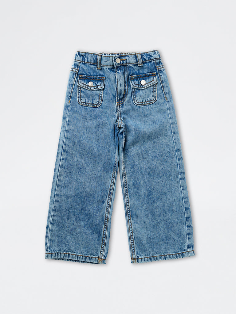 HOP Kids Girls Blue Washed High-Rise Jeans