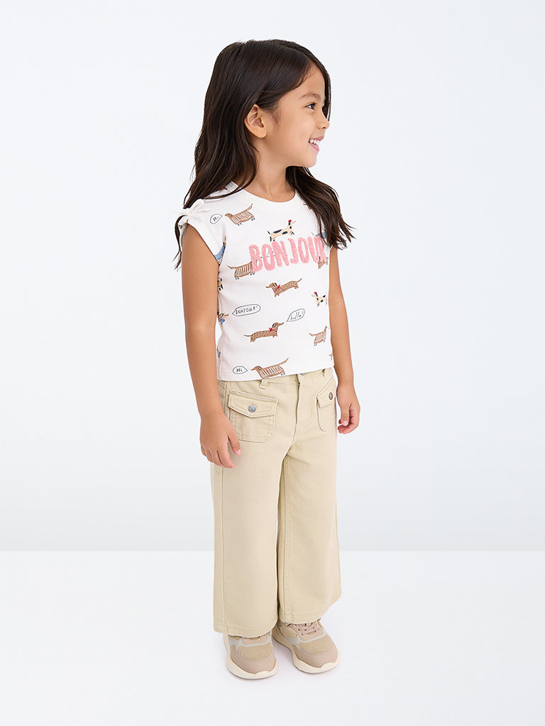 HOP Kids Girls Light Beige Cat-Embroidered High-Rise Jeans