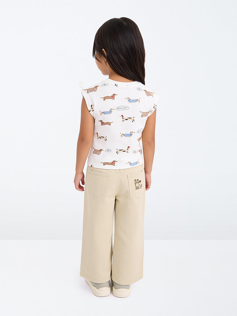 HOP Kids Girls Light Beige Cat-Embroidered High-Rise Jeans