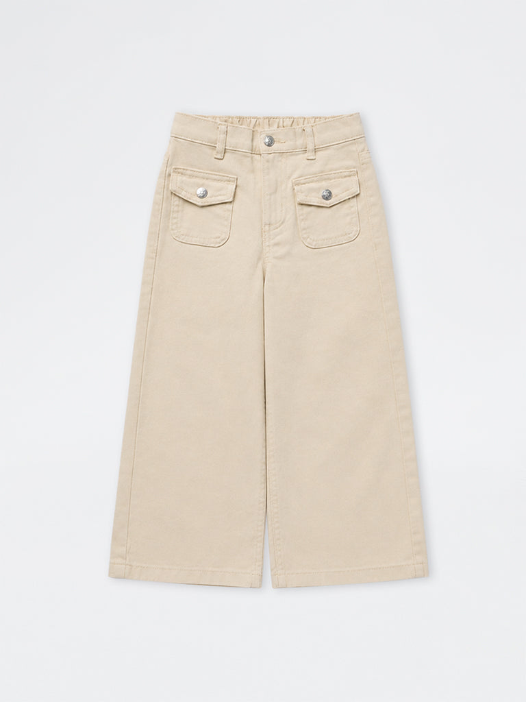 HOP Kids Girls Light Beige Cat-Embroidered High-Rise Jeans